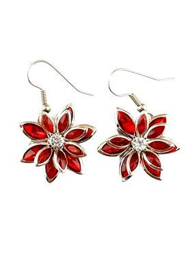 Red Poinsettia Flower Earrings Rhinestone Dangle Surgical Steel Hooks Holiday
